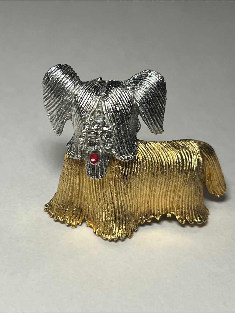 VTG Puppy Dog Brooch, Brushed Gold & Silver-Toned Rhinestones & Red Enamel